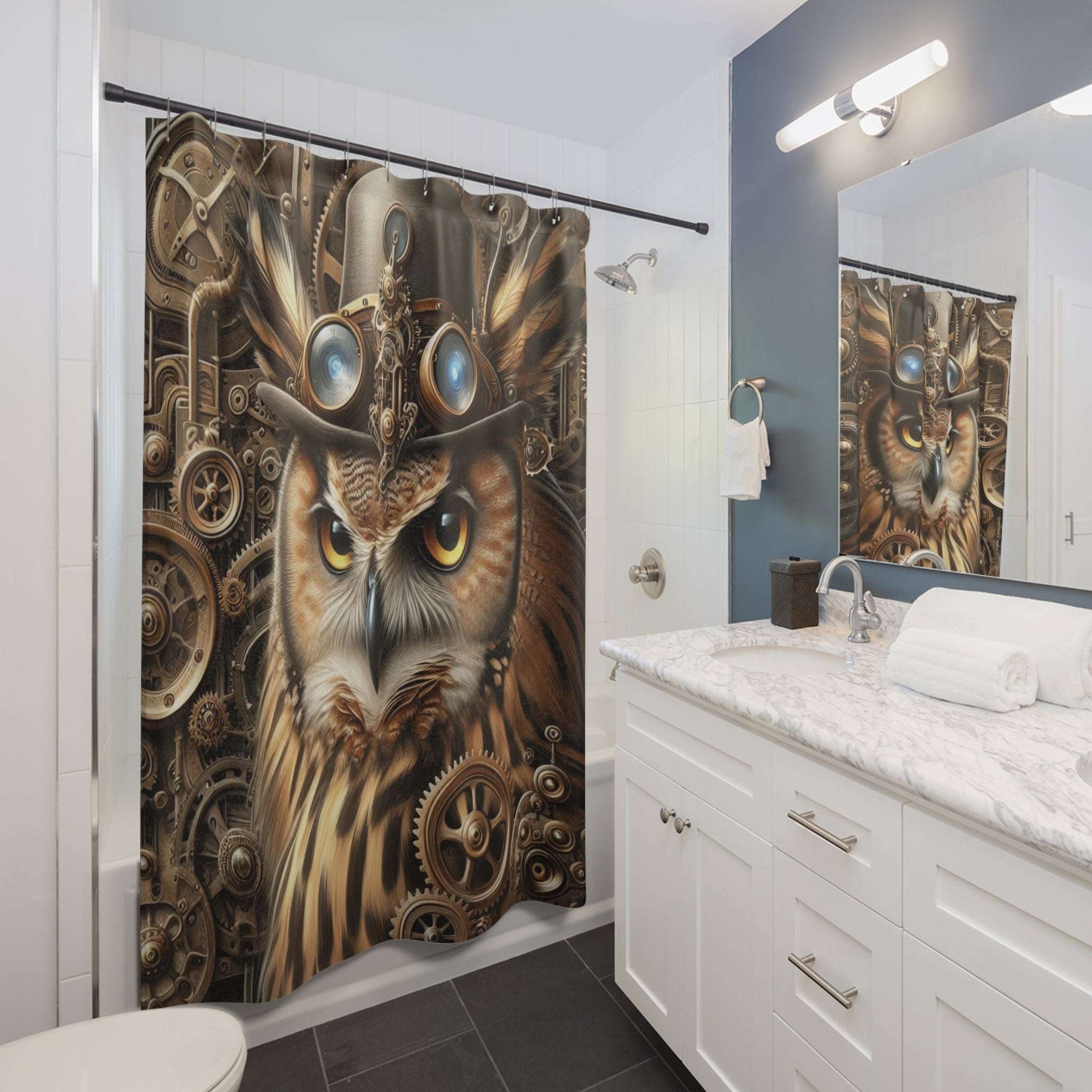 steampunk owl shower curtain, 71"x74" bathroom decor, home decor