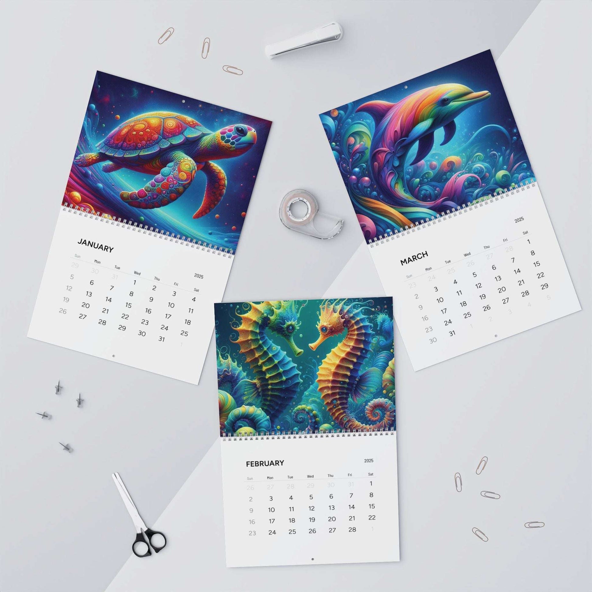 2025 Neon Depths wall calendar, vibrant sea life, 12 month calendar quarter 1 set