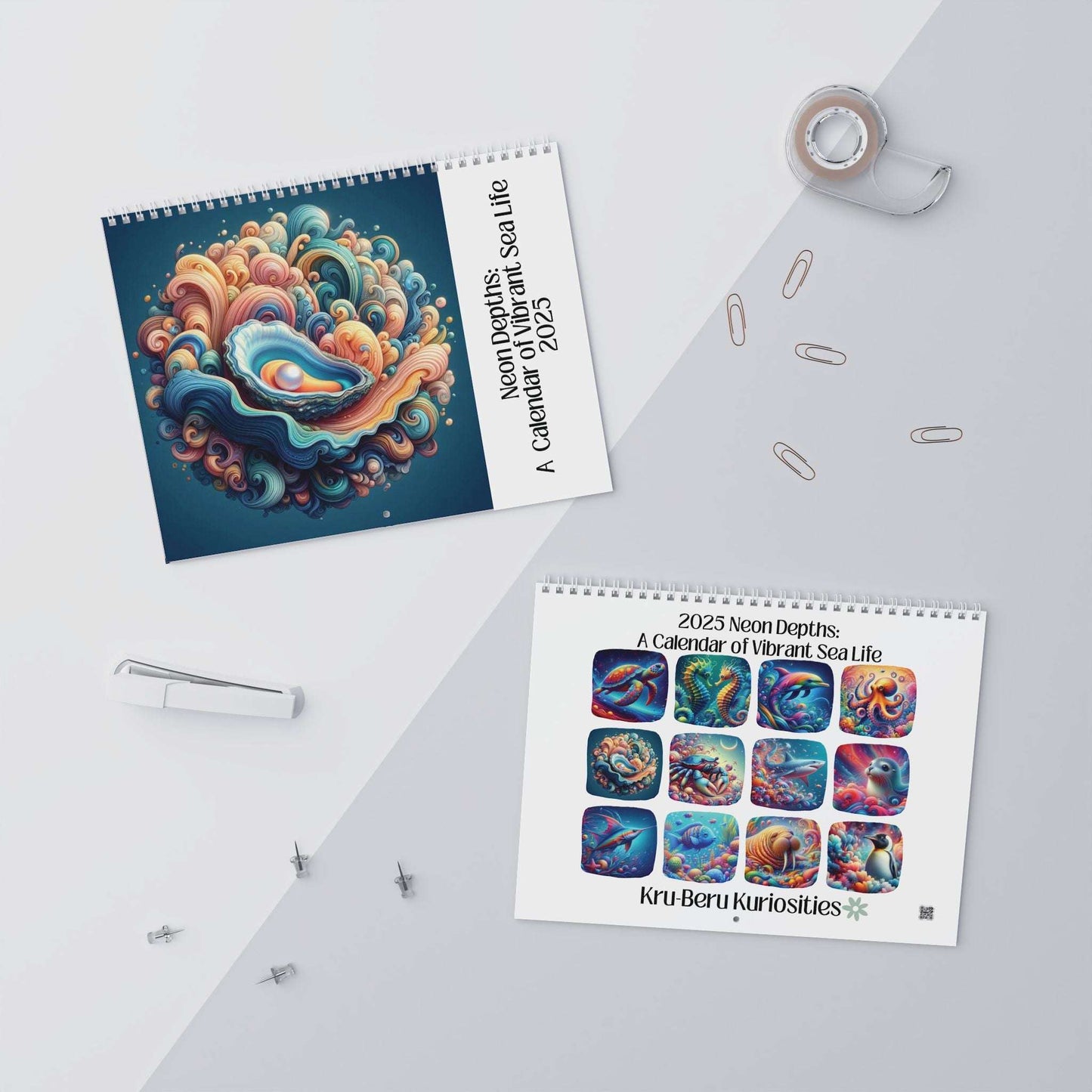 2025 Neon Depths wall calendar, vibrant sea life, 12 month calendar