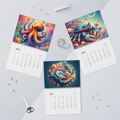 2025 Neon Depths wall calendar, vibrant sea life, 12 month calendar, quarter 2 set