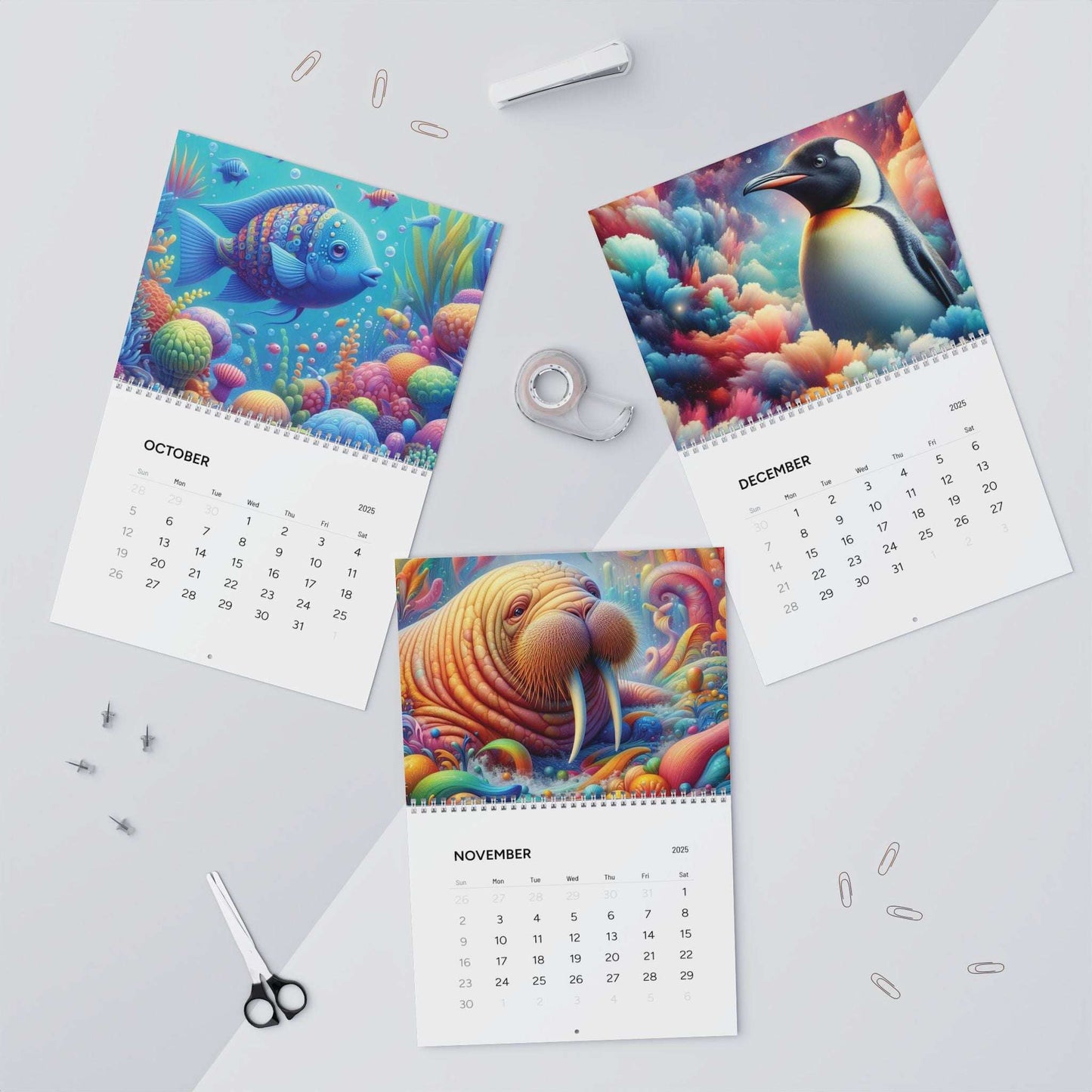 2025 Neon Depths wall calendar, vibrant sea life, 12 month calendar, quarter 4 set