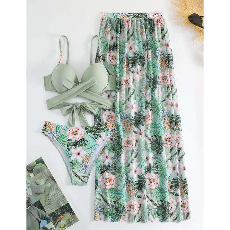 green, floral, bikini, 3pc set, women's, swimwear, swimsuit, coverup, summer, poolside, beach