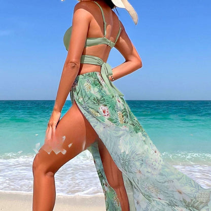 green, floral, bikini, 3pc set, women's, swimwear, swimsuit, coverup, summer, poolside, beach