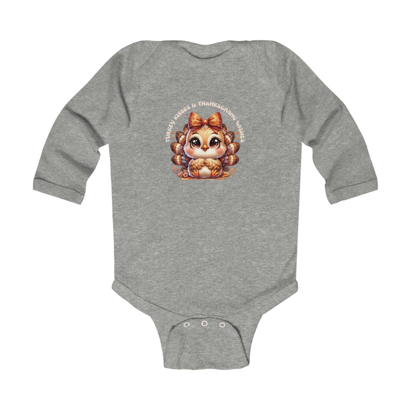 turkey kisses and thanksgiving wishes infant bodysuit, long sleeve, athletic grey