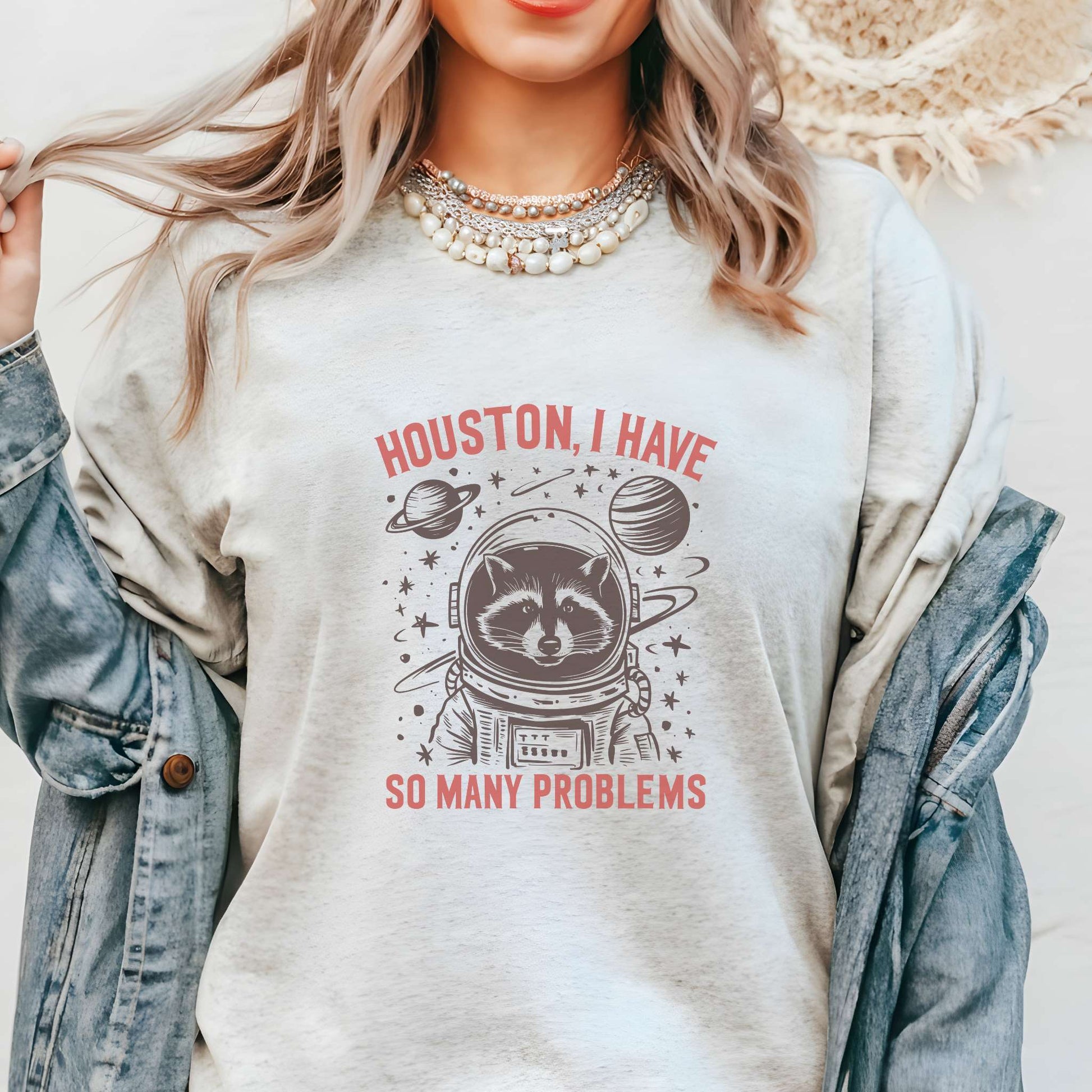 houston i have so many problems, astronaut raccoon graphic, fun  and quirky, mental health, ash