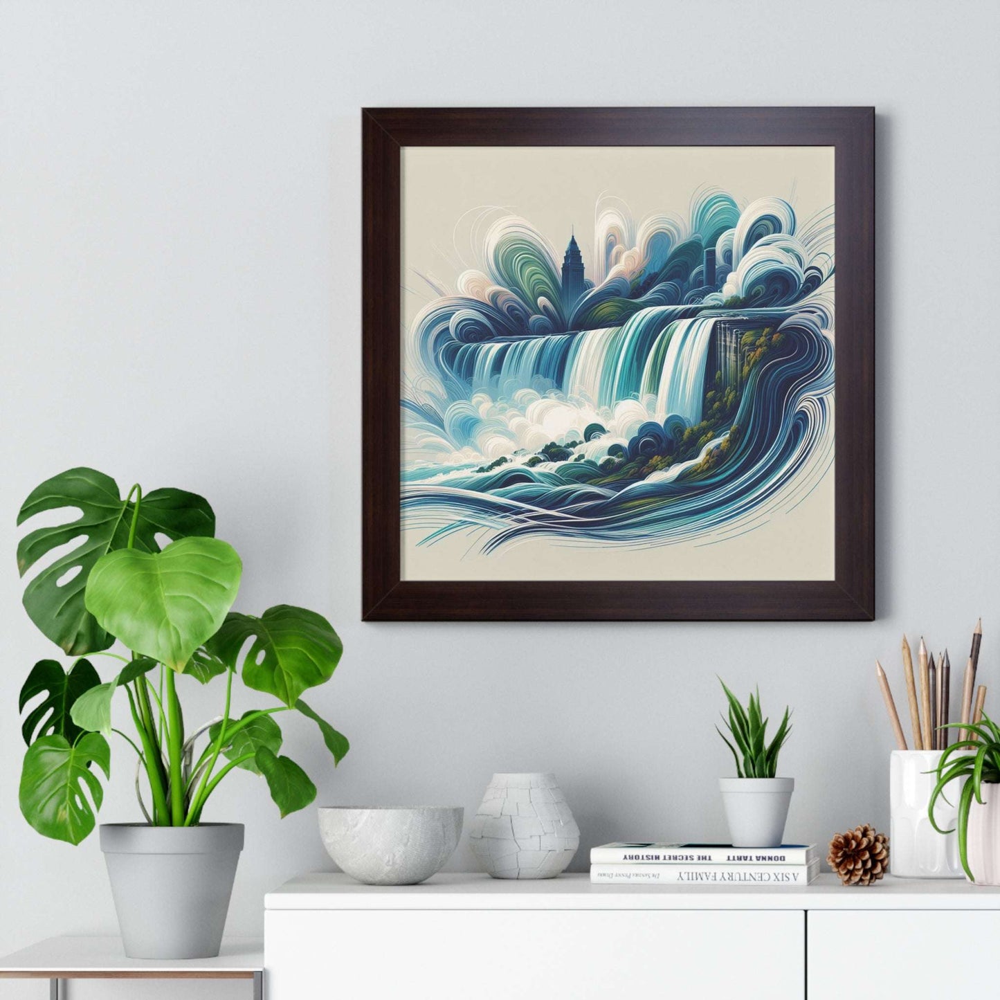 Niagara falls abstract art print, framed poster, home decor, wall art, walnut frame