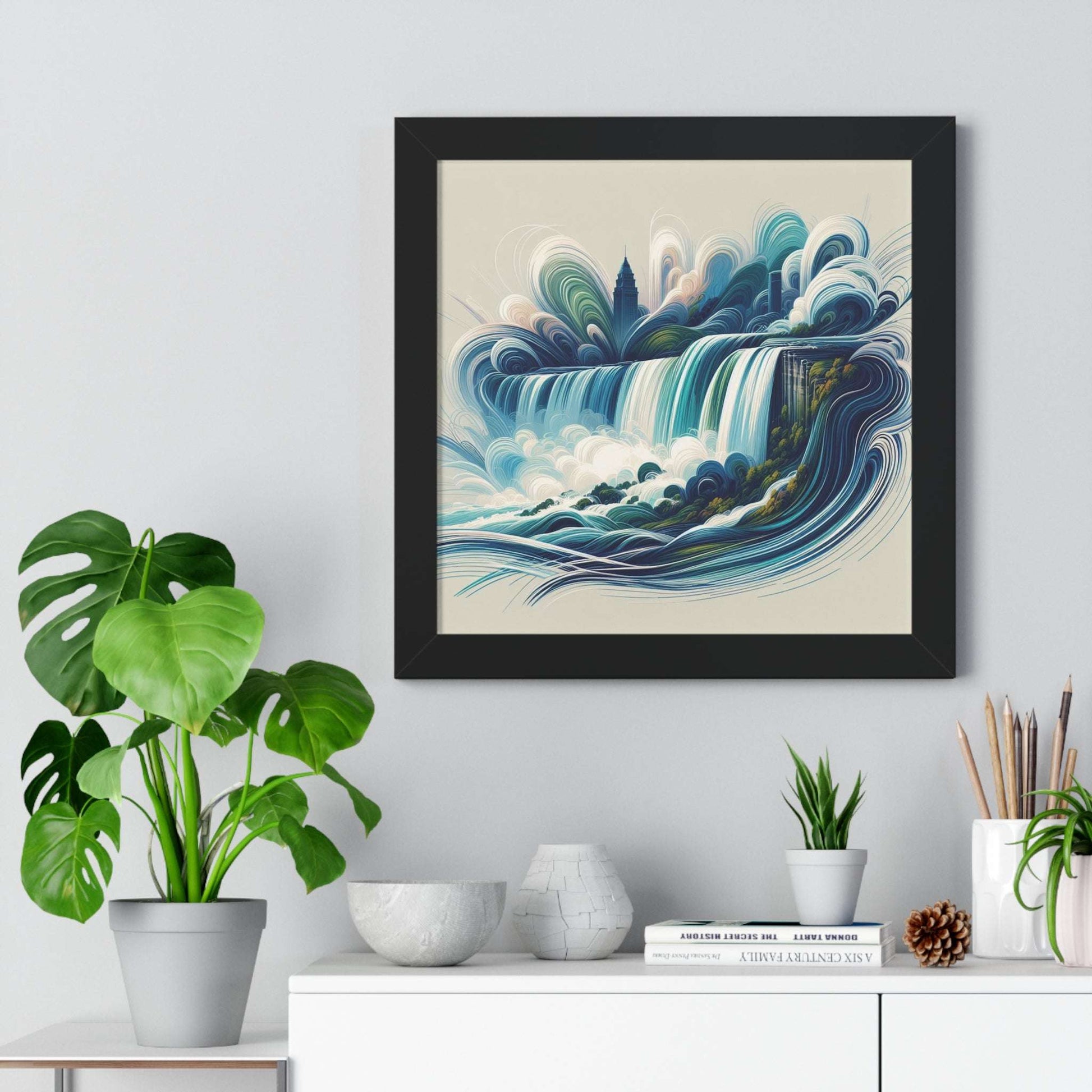 Niagara falls abstract art print, framed poster, home decor, wall art, black frame