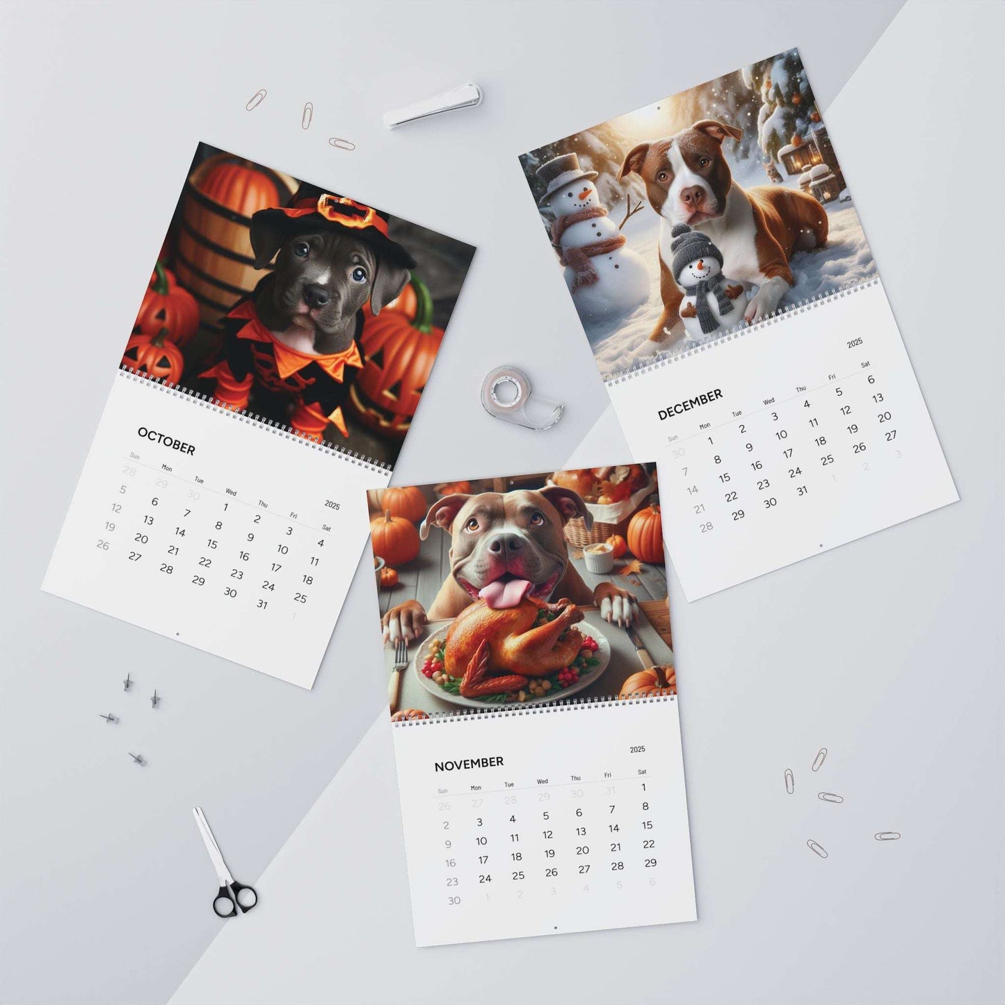 a pittie year, 2025 wall calendar, pitbull calendar, quarter 4 set