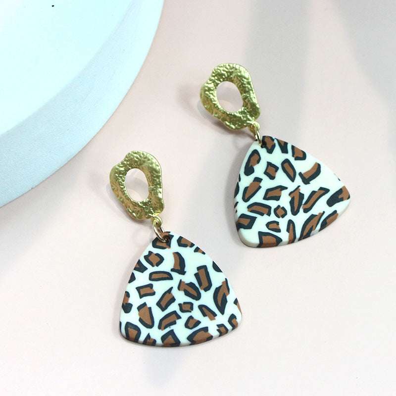 animal print earrings, metal, clay, womens jewelry, triangle