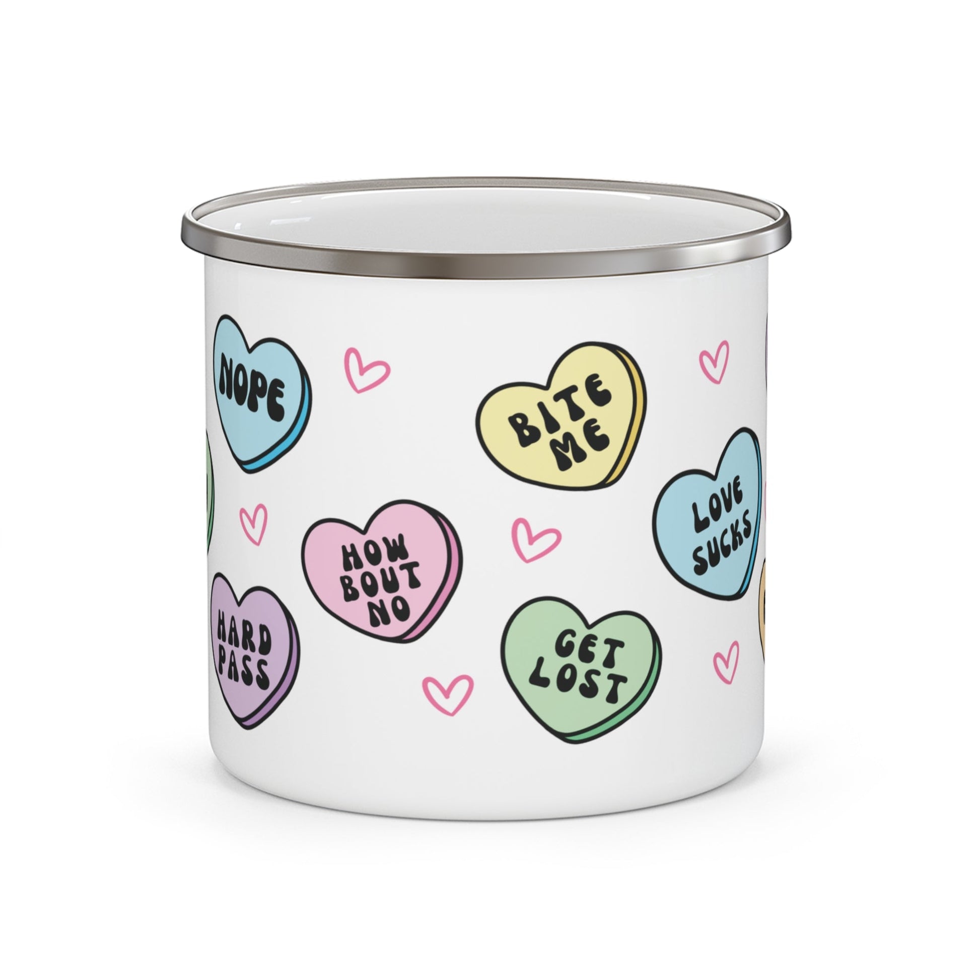 anti valentine's day, candy heart message, enamel camp mug, holiday drinkware, coffee mug