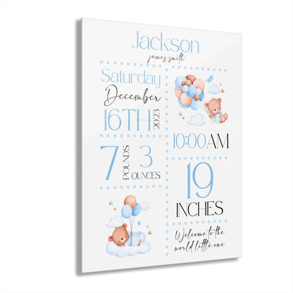 personalized baby announcement, acrylic print, boho blue, nursery room decor