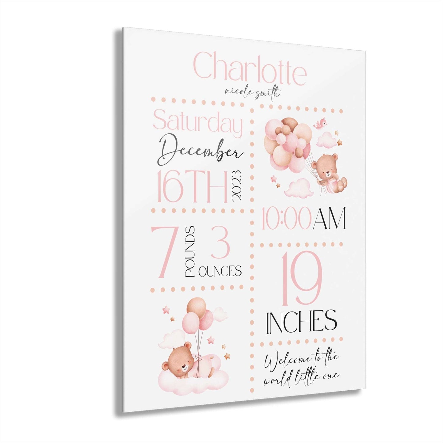 personalized baby girl announcement, acrylic print, boho pink, nursery room decor