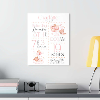 personalized baby announcement, acrylic print, boho pink, nursery room decor