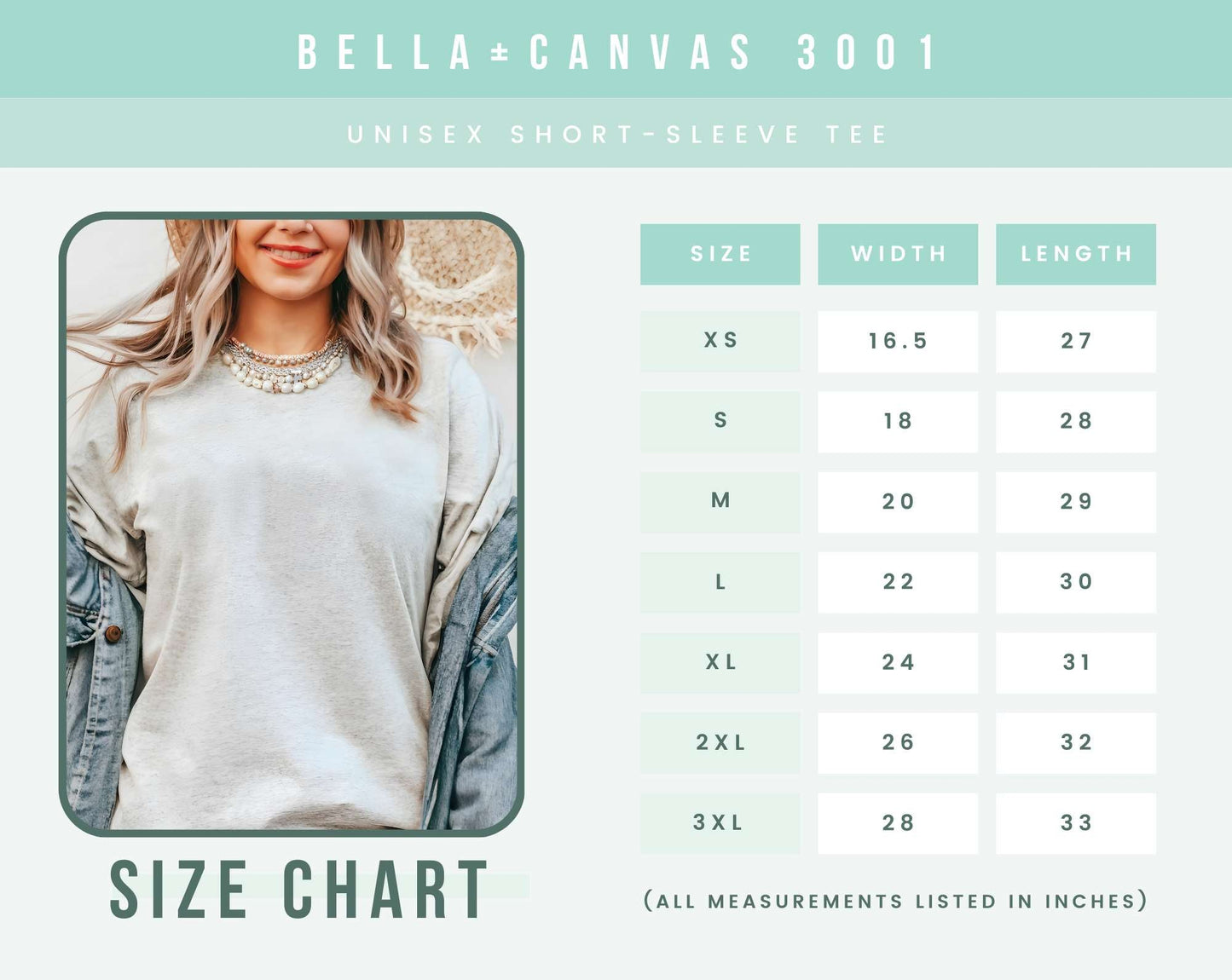 belle canvas 3001 unisex size chart