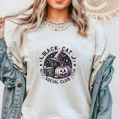 black cat social club, womens tee, halloween shirt, holiday apparel, cat and pumpkin, purple and black, ash