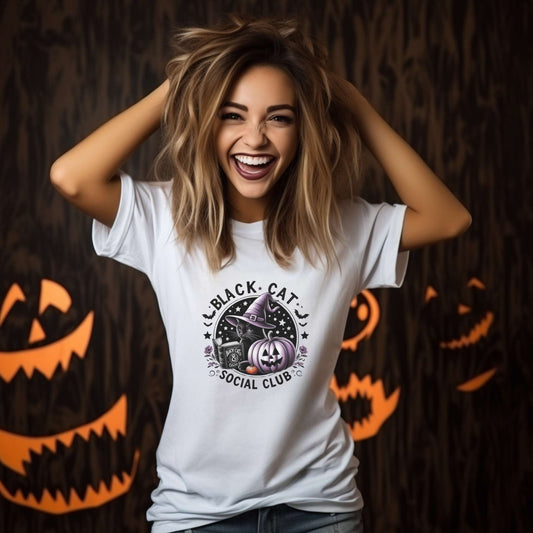 black cat social club, womens tee, halloween shirt, holiday apparel, cat and pumpkin, purple and black, white