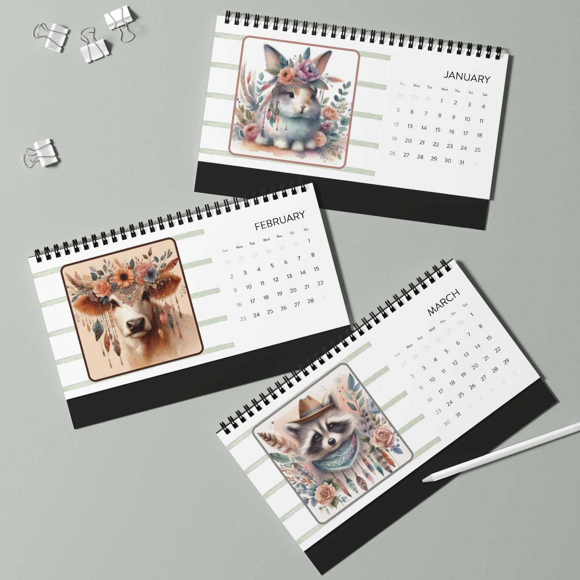 boho animal kingdom 2025 desk calendar, home decor, animal artwork, 12 month calendar, quarter 1 set