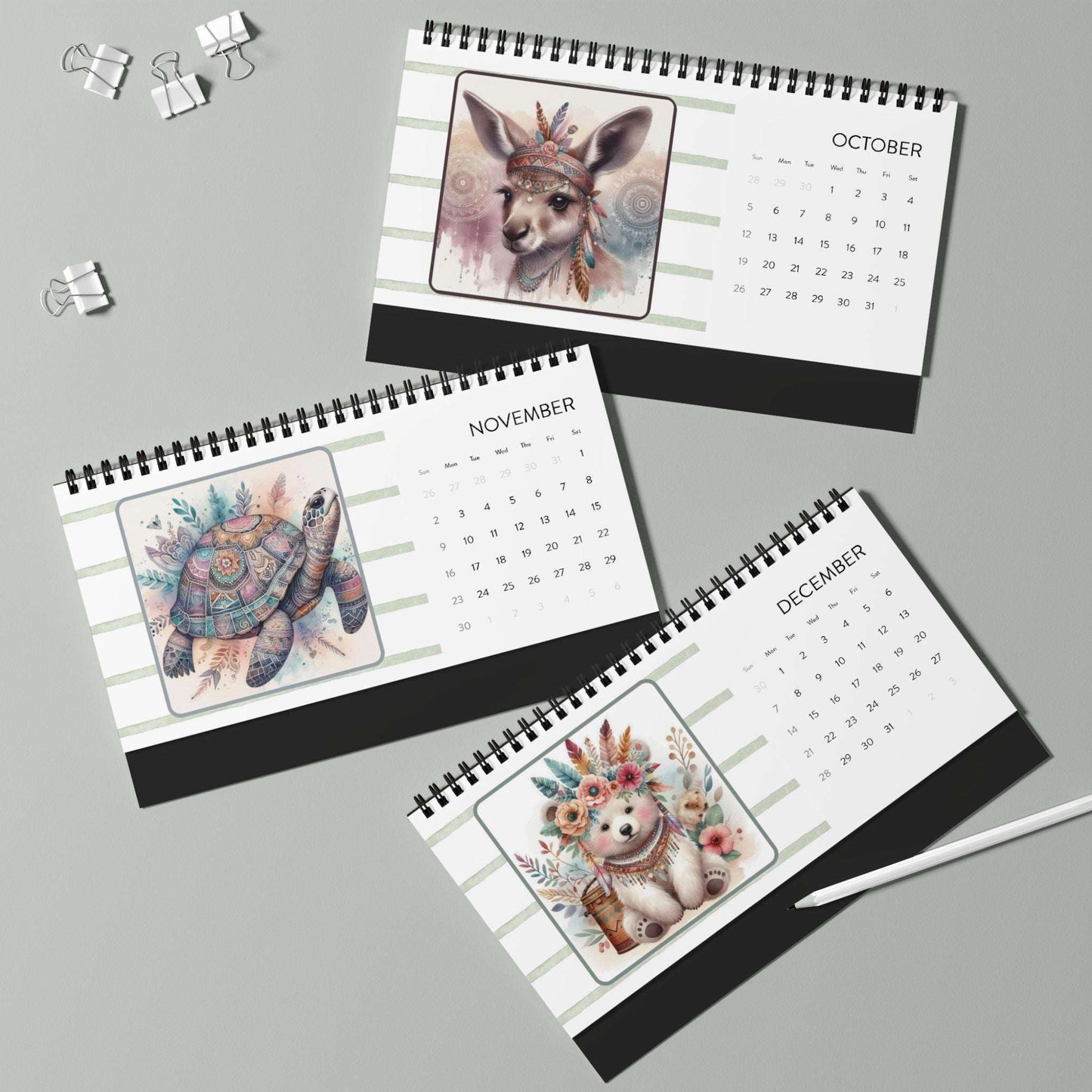 boho animal kingdom 2025 desk calendar, home decor, animal artwork, 12 month calendar, quarter 4 set