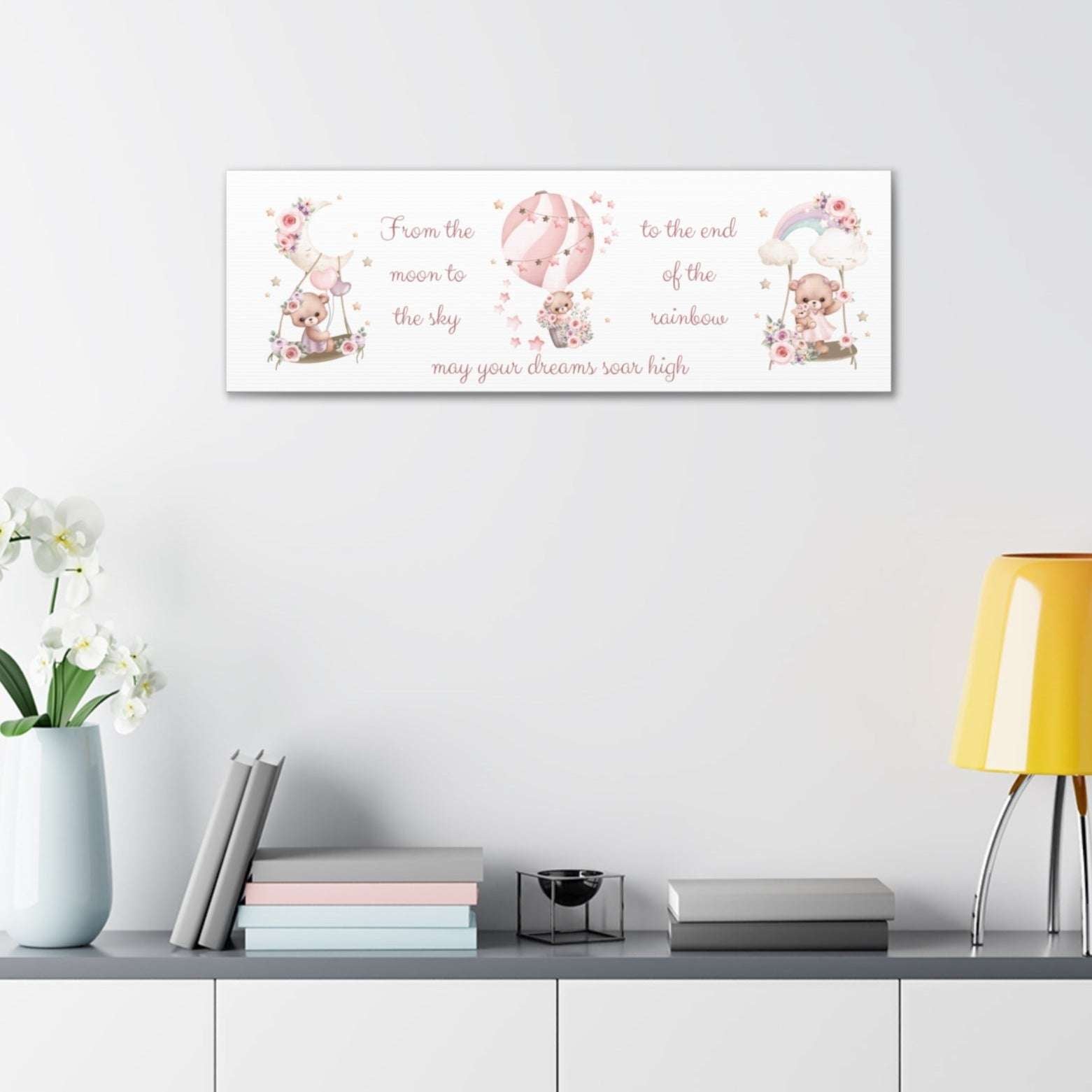 pink boho bear, bear swinging moon and rainbow, hot air balloon, nursery room decor