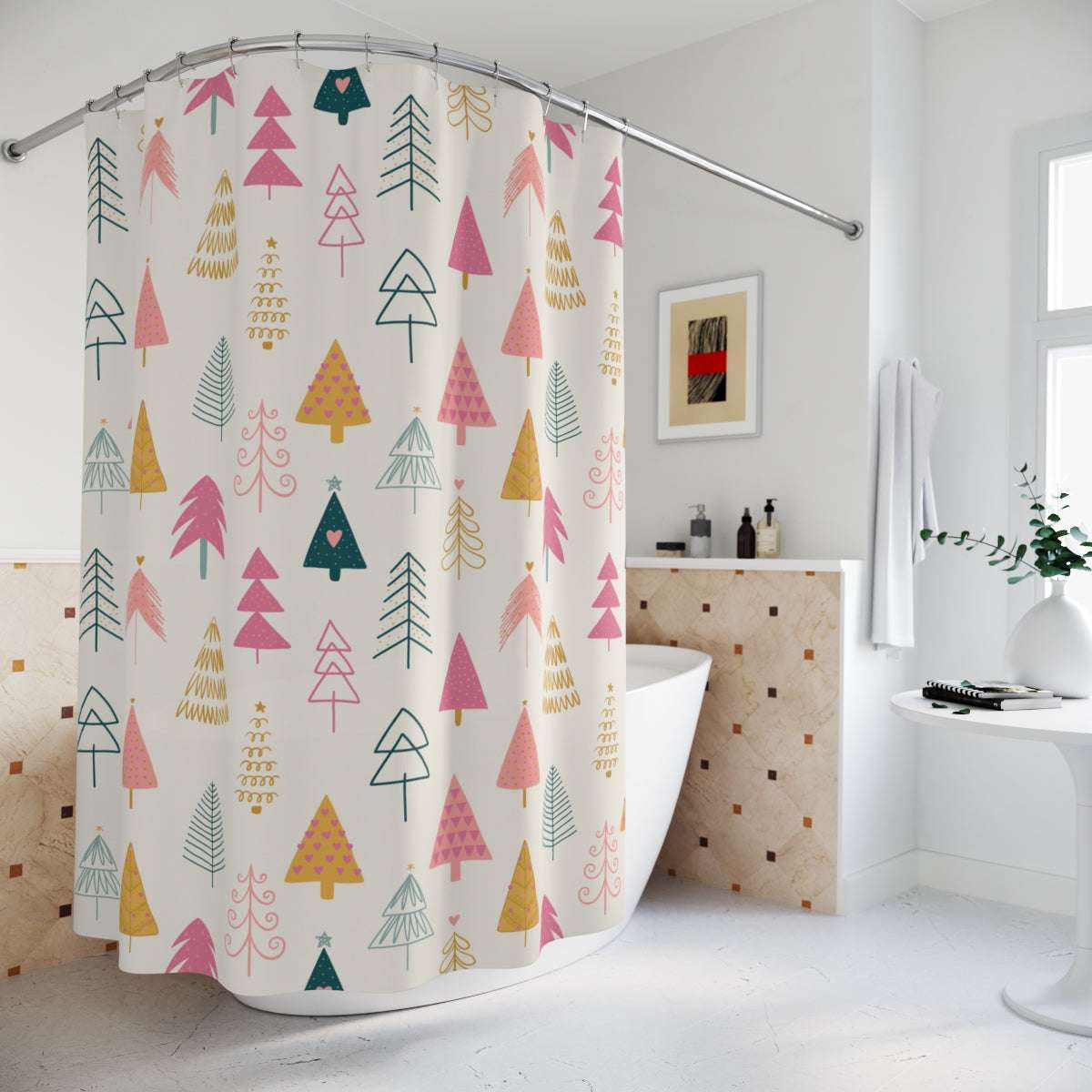 boho christmas tree, shower curtain, 71'x74", bathroom decor, home decor