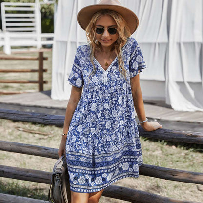 boho summer dress, women's dress, floral print, blue