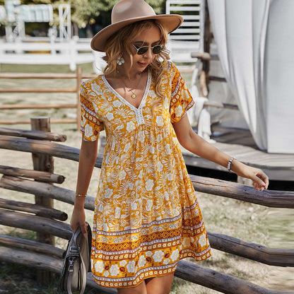 boho summer dress, women's dress, floral print, yellow