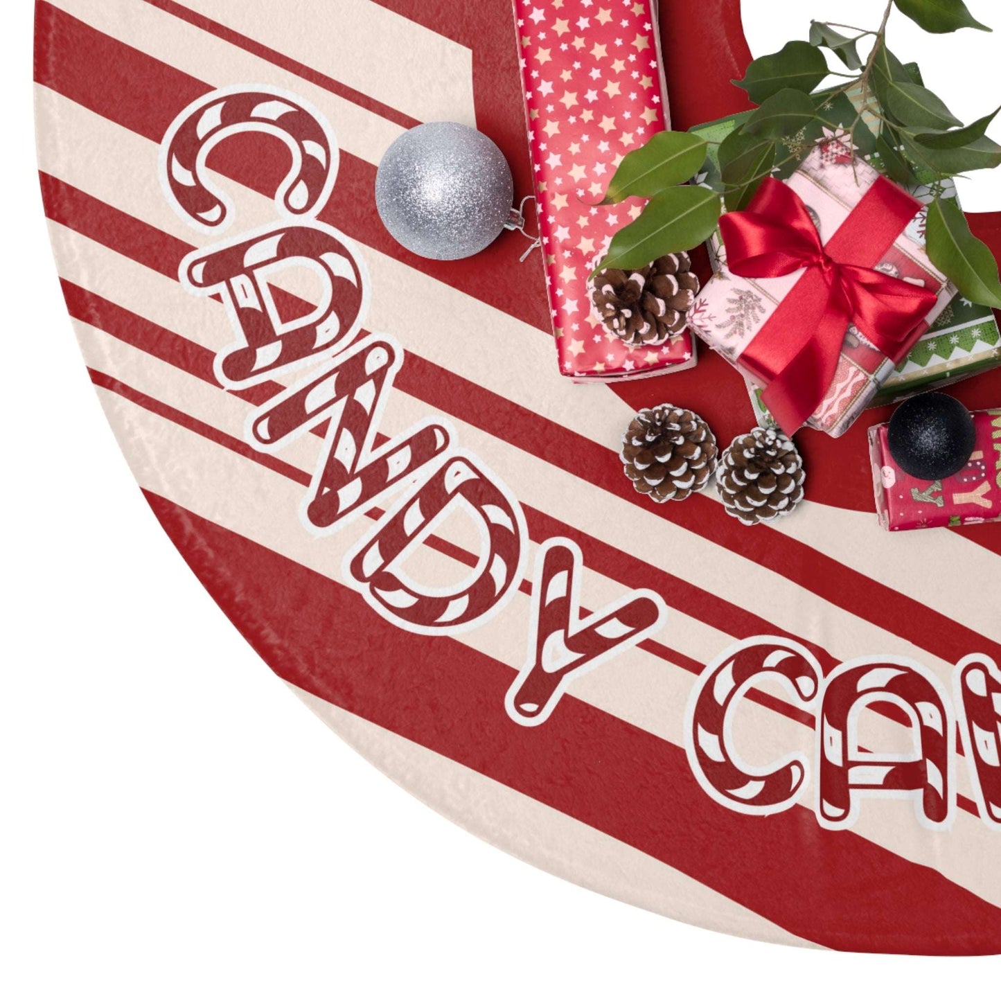 candy cane lane, tree skirt, candy cane design, red and white