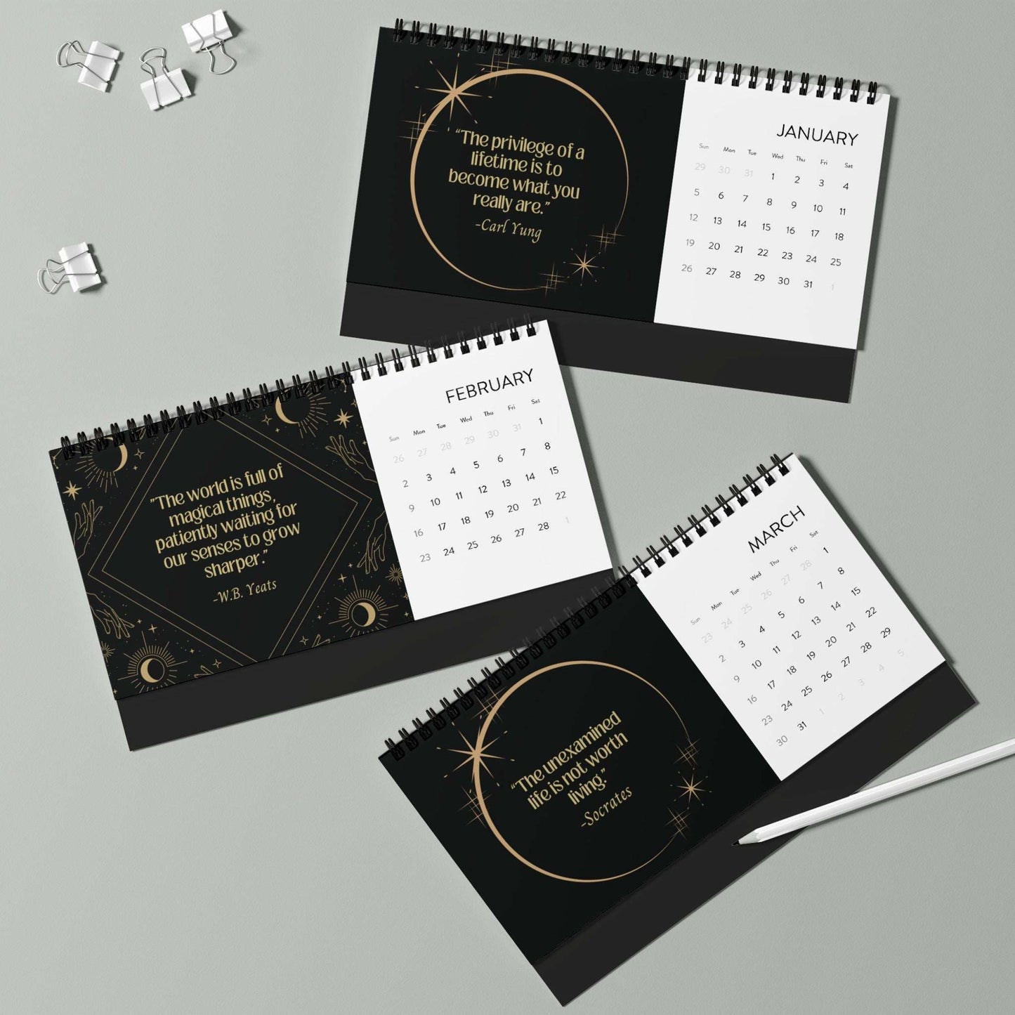 celestial quotes 2025 desk calendar, motivational quotes, 12 month calendar, home office dorm room decor, quarter 1 set