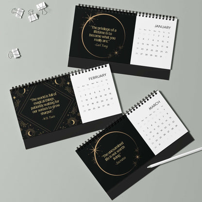 celestial quotes 2025 desk calendar, motivational quotes, 12 month calendar, home office dorm room decor, quarter 1 set