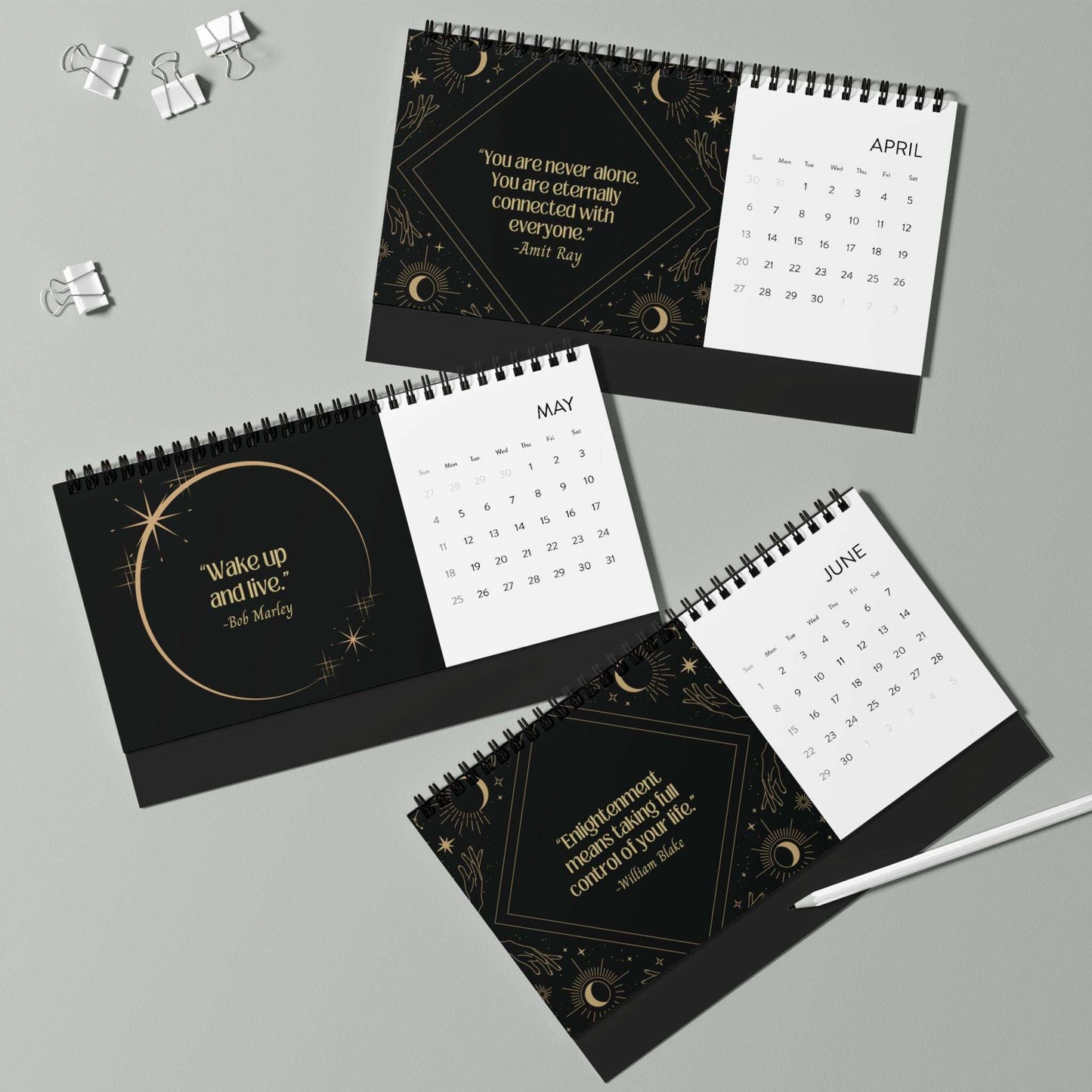 celestial quotes 2025 desk calendar, motivational quotes, 12 month calendar, home office dorm room decor, quarter 2 set