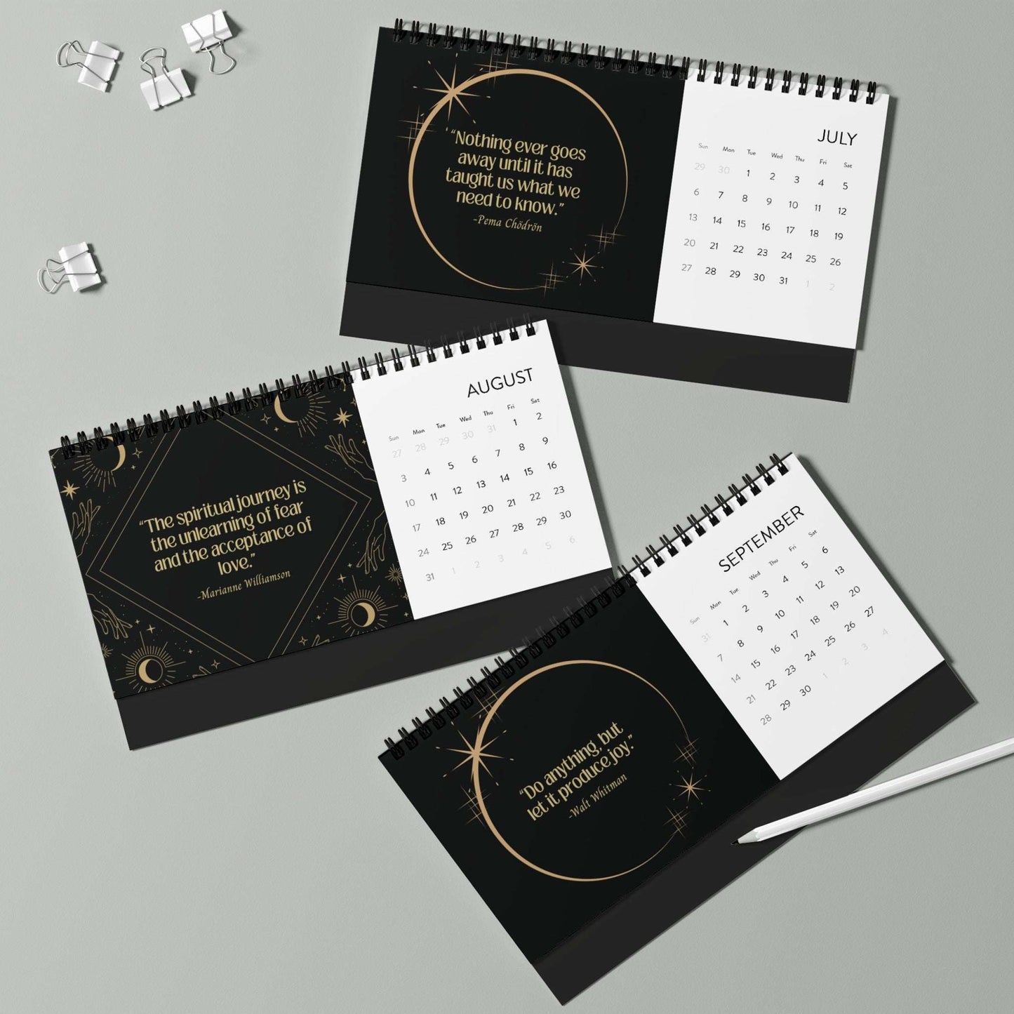 celestial quotes 2025 desk calendar, motivational quotes, 12 month calendar, home office dorm room decor, quarter 3 set