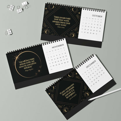 celestial quotes 2025 desk calendar, motivational quotes, 12 month calendar, home office dorm room decor, quarter 4 set