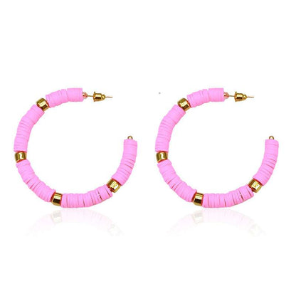 clay bead hoop earrings, hoops, pink