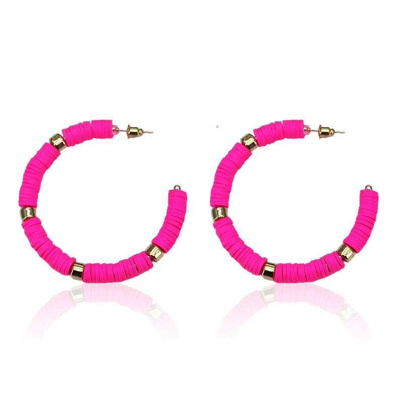 clay bead hoop earrings, hoops, pink