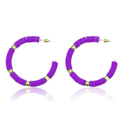 clay bead hoop earrings, hoops, purple