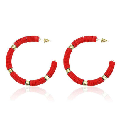 clay bead hoop earrings, hoops, red