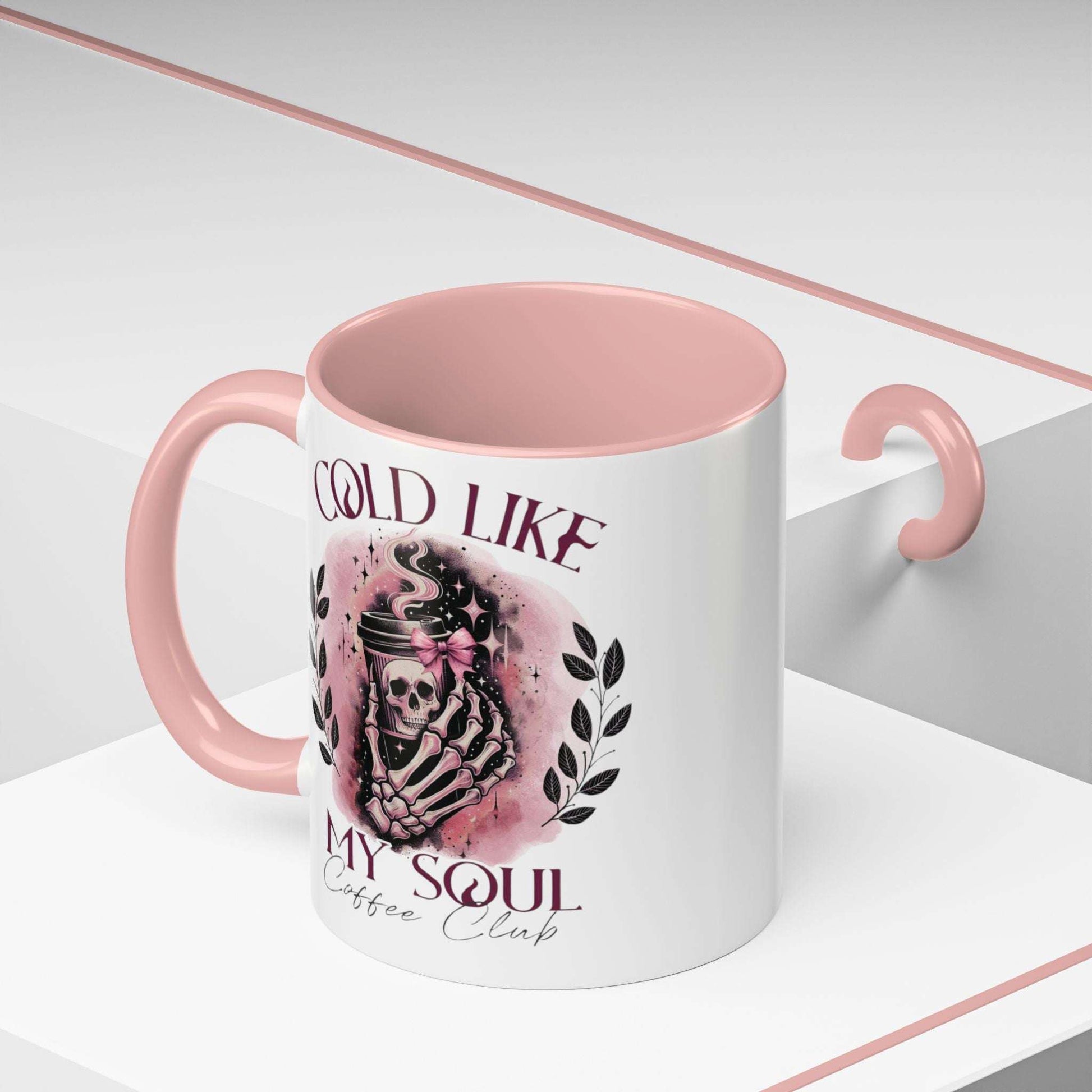 cold like my soul coffee club, coffee mug, 11 oz, white with pink accent