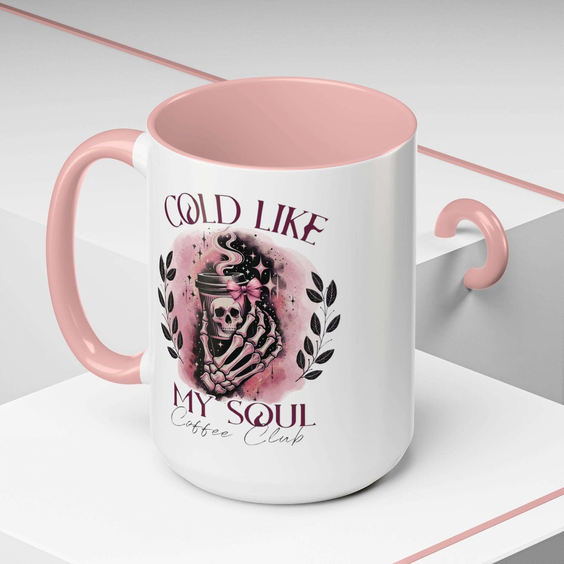 cold like my soul coffee club, coffee mug, 11 oz, white with pink accent