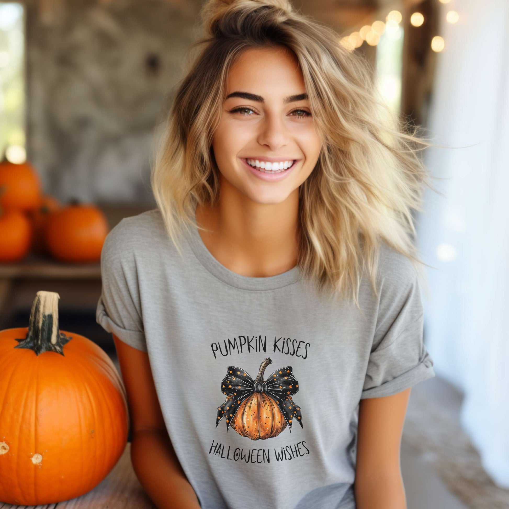 coquette pumpkin, womens tshirt, halloween tee, pumpkin kisses and halloween wishes, athletic heather