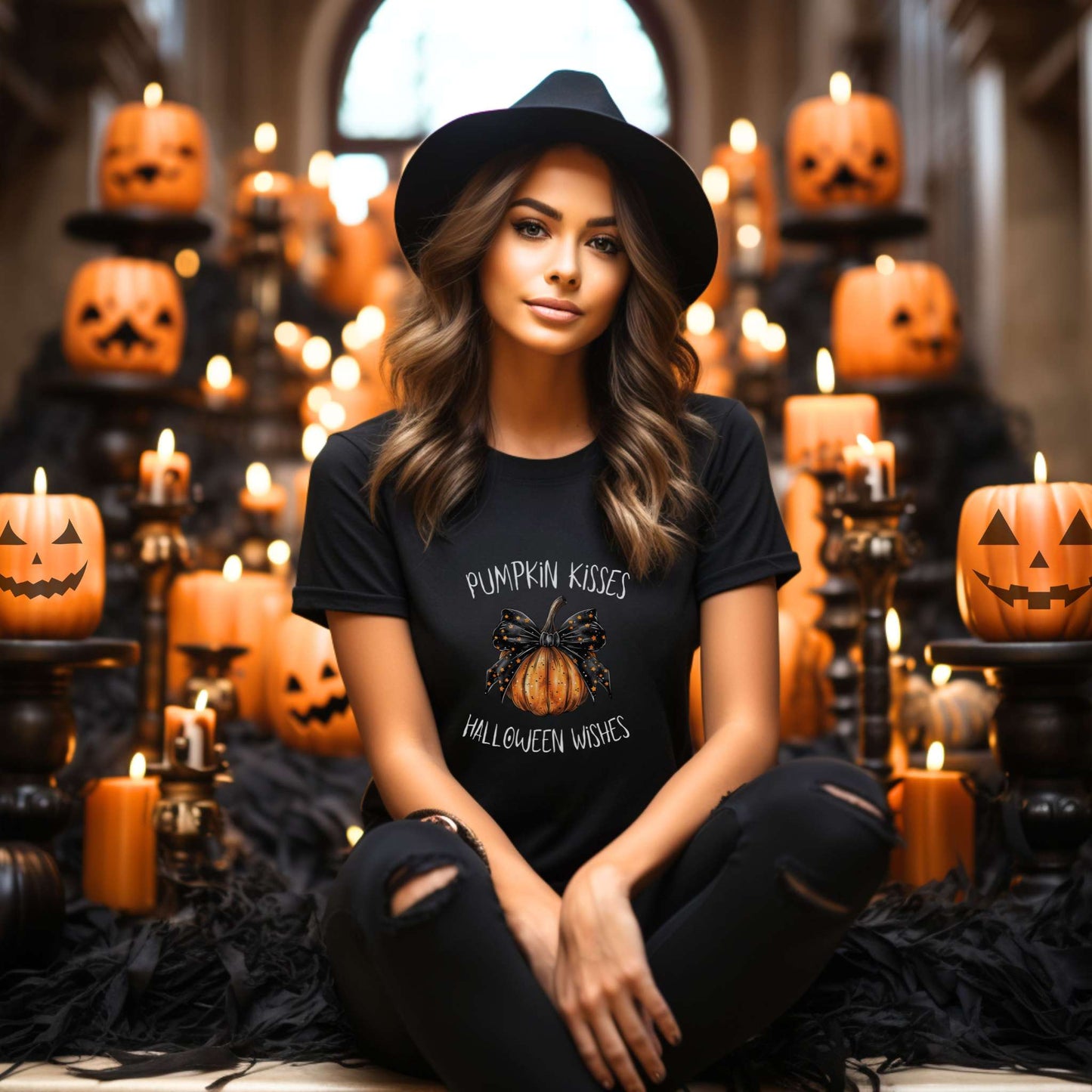 coquette pumpkin, womens tshirt, halloween tee, pumpkin kisses and halloween wishes, black