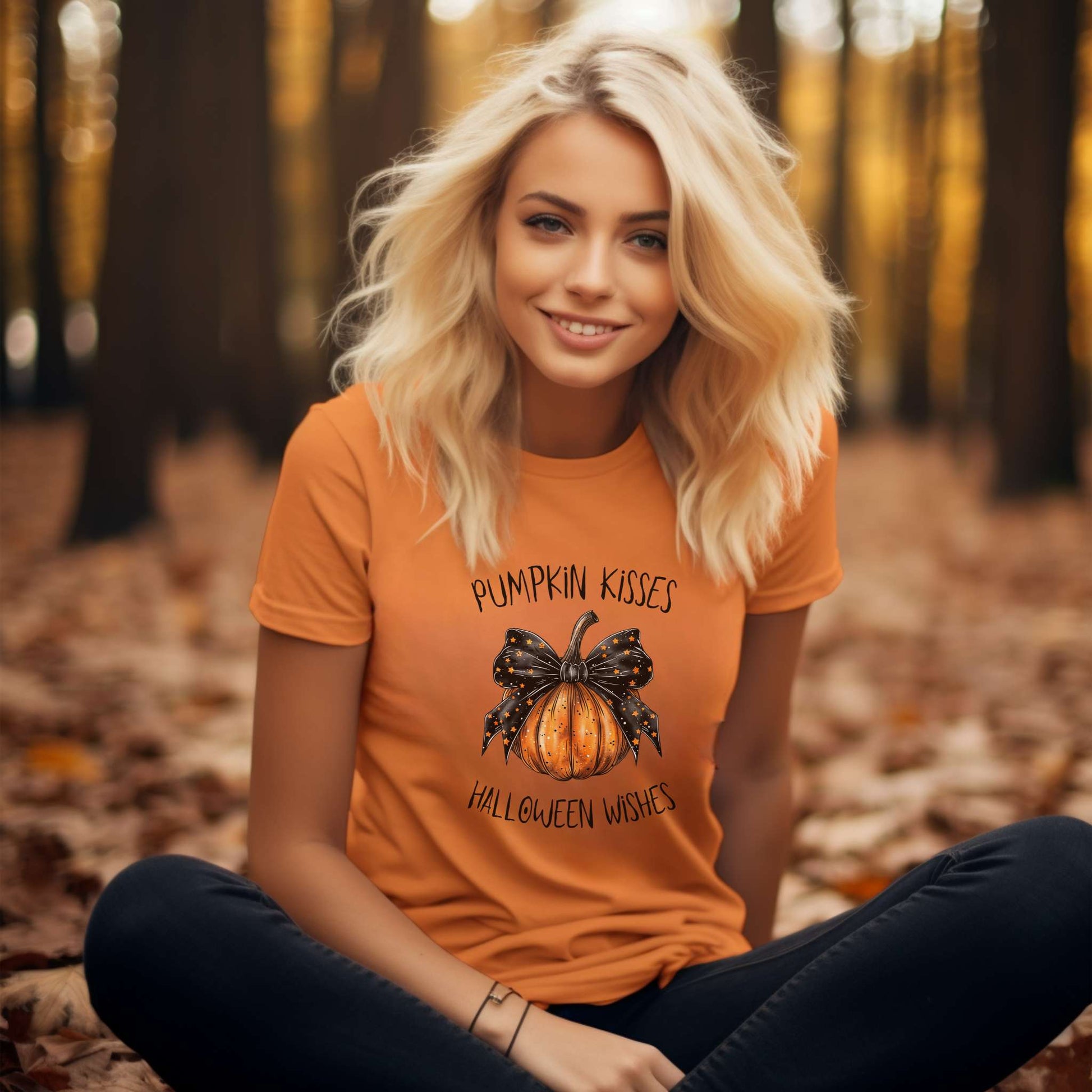 coquette pumpkin, womens tshirt, halloween tee, pumpkin kisses and halloween wishes, burnt orange