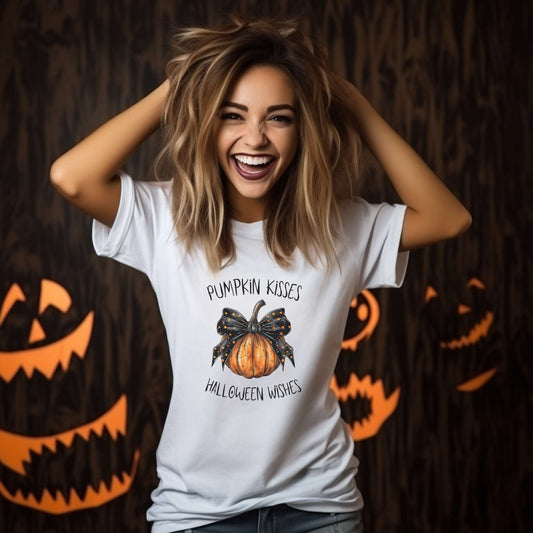 coquette pumpkin, womens tshirt, halloween tee, pumpkin kisses and halloween wishes, white