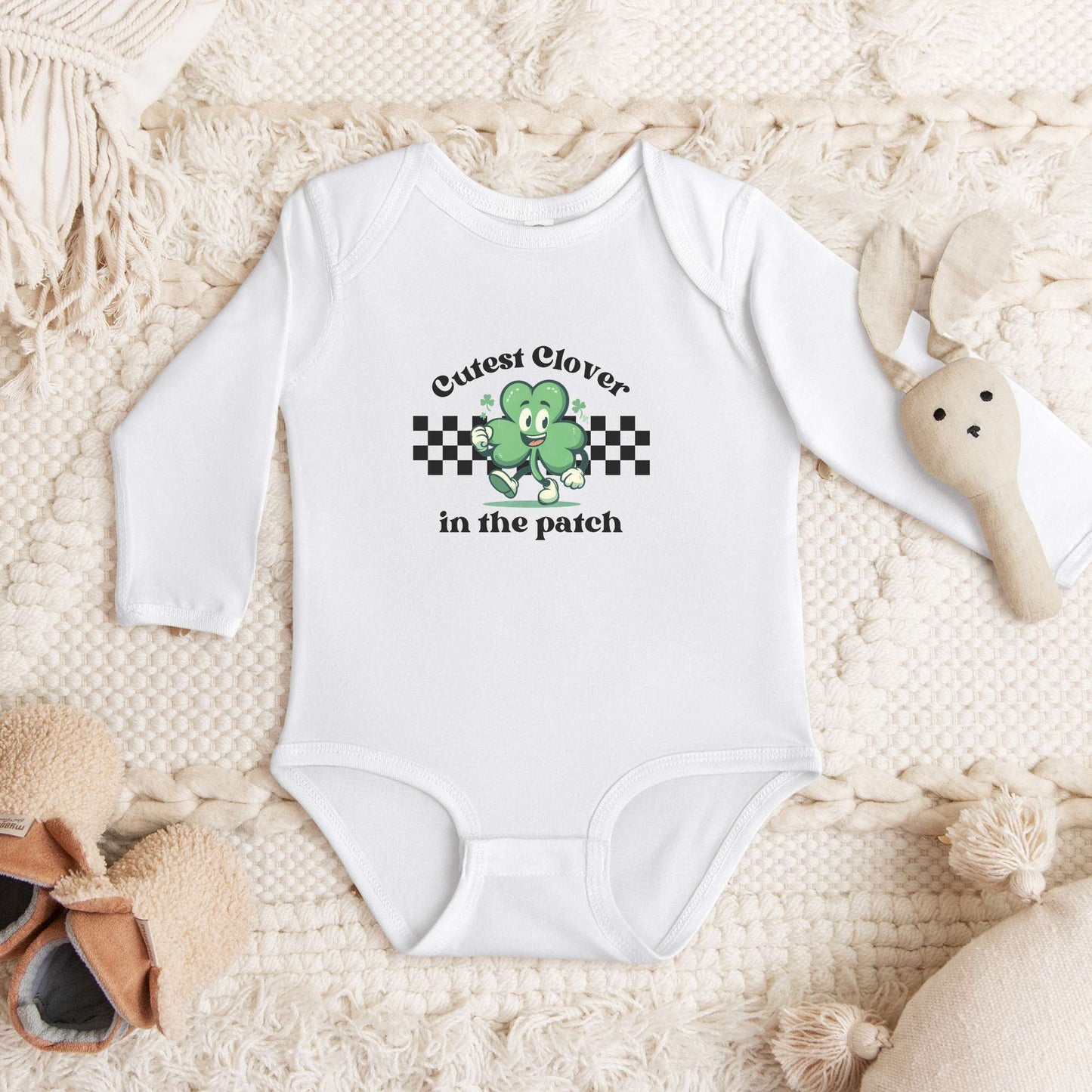 cutest clover in the patch, infant, long sleeve onesie, st. patricks day, holiday