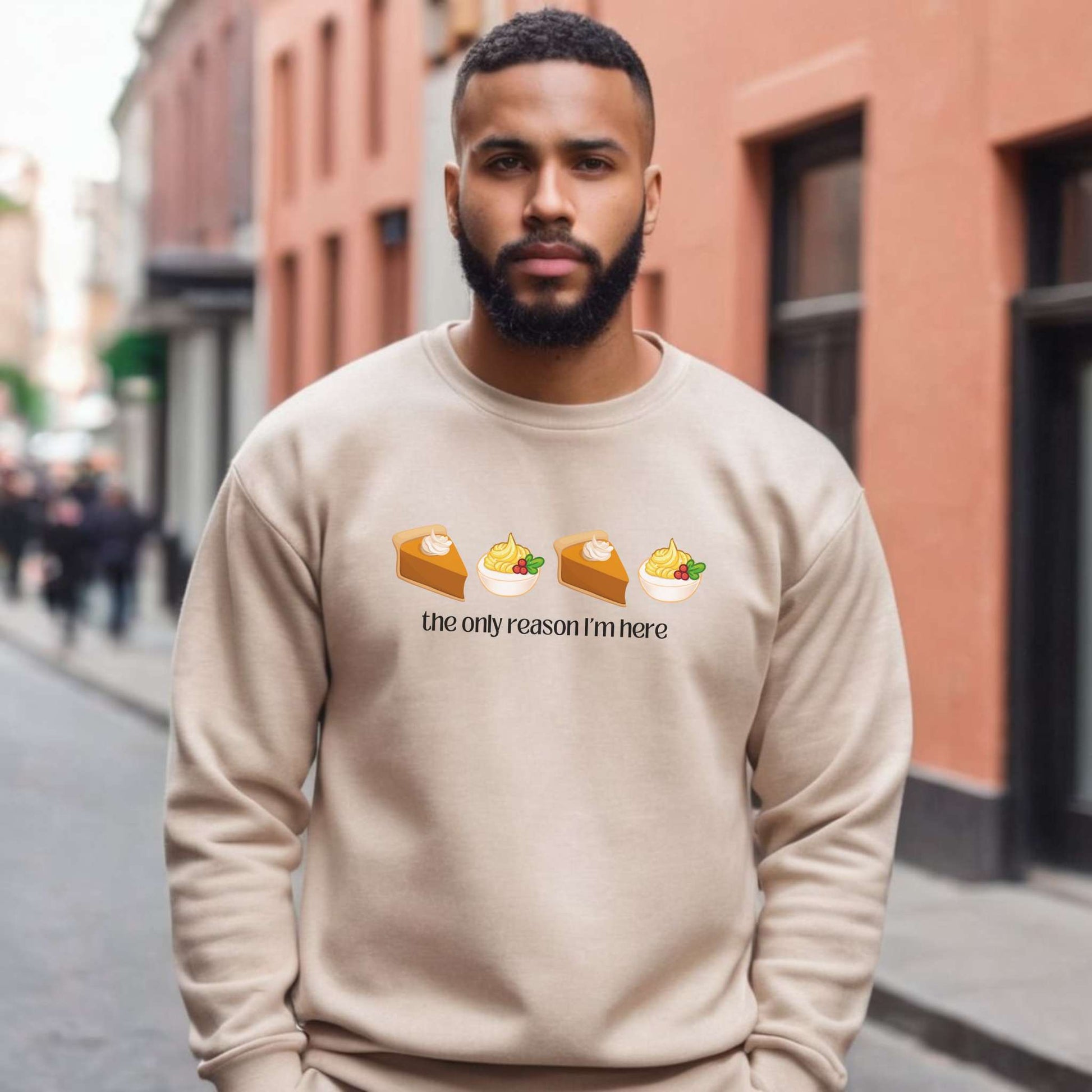 deviled egg and pumpkin pie, the only reason im here, holiday apparel, thanksgiving, unisex sweatshirt, sand, male model