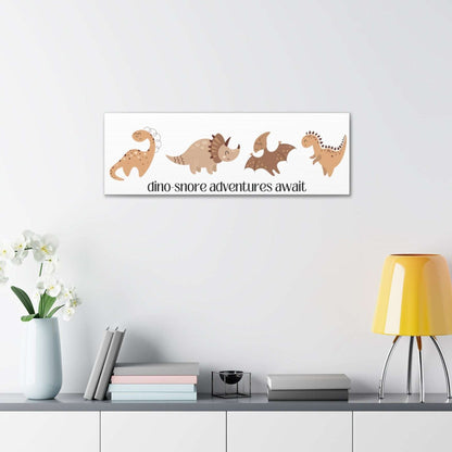 dino-snore adventures await, canvas art print, 36"x12", nursery room decor, kids room decor