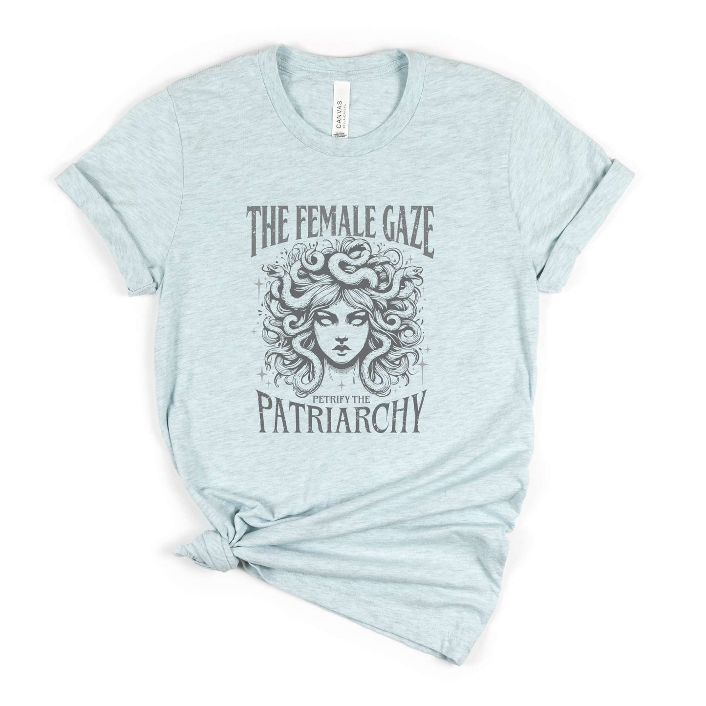 female gaze, petrify the patriarchy, womens tee, heather prism ice blue