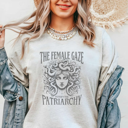 female gaze, petrify the patriarchy, womens tee, medusa design, ash