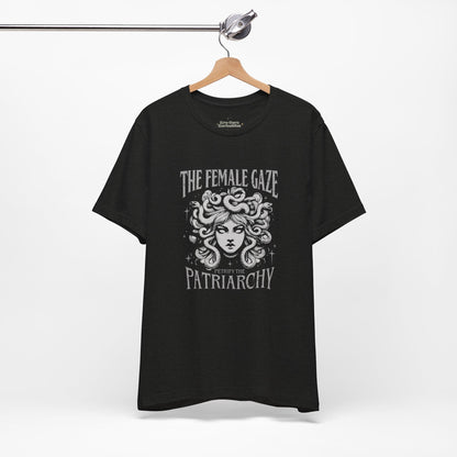 female gaze, petrify the patriarchy, womens tee, medusa design, black heather