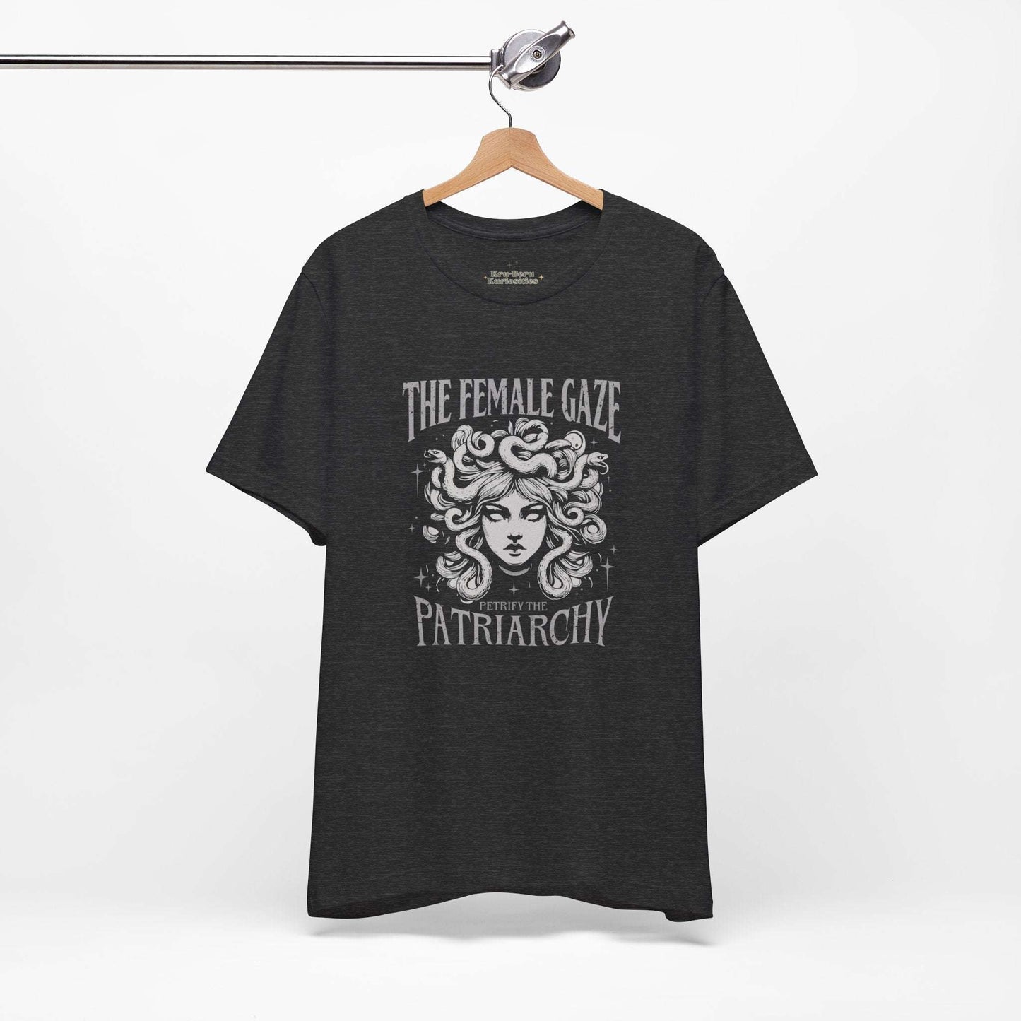 female gaze, petrify the patriarchy, womens tee, medusa design, dark grey heather