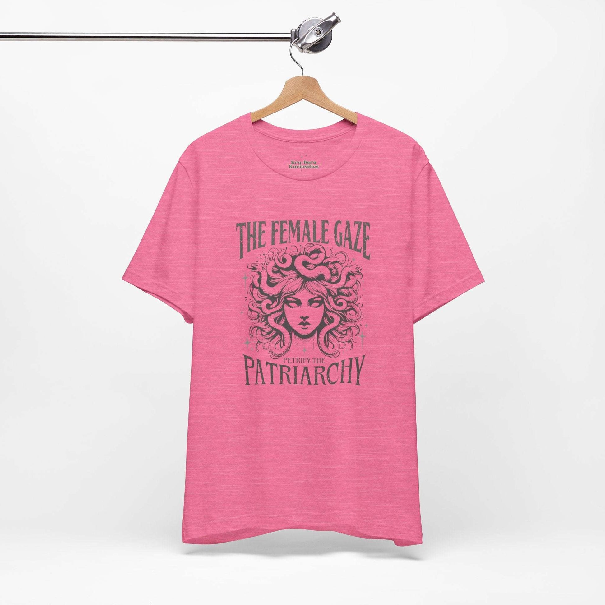 female gaze, petrify the patriarchy, womens tee, medusa design, heather charity pink